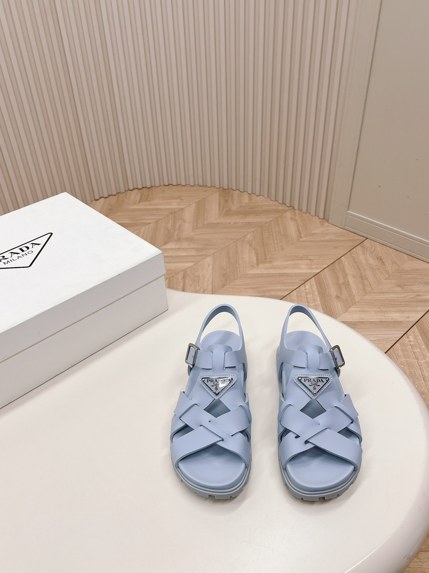 Luxury PradaInterwoven Straps Sandals 30 Baby Blue
