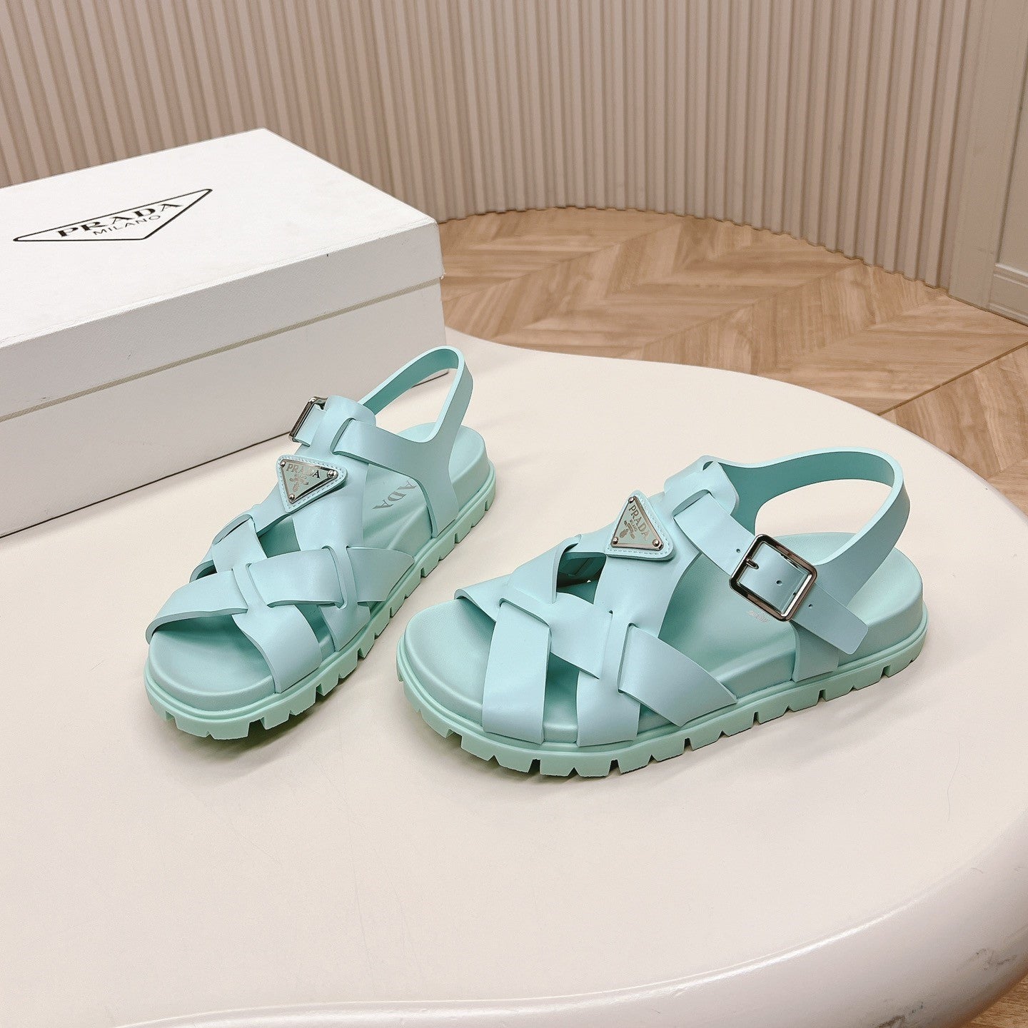 Luxury PradaInterwoven Straps Sandals 30 Glass