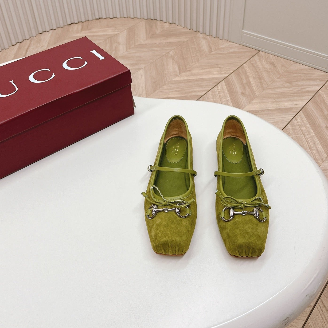 Luxury Gucci GG BALLET FLAT OLIVE GREEN SUEDE