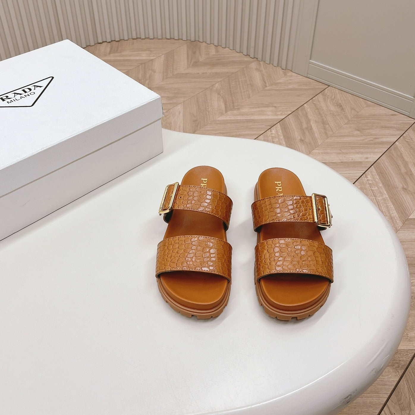 Luxury PradaCROCODILE MOTIF SLIDES SANDALS CAMEL CALFSKIN