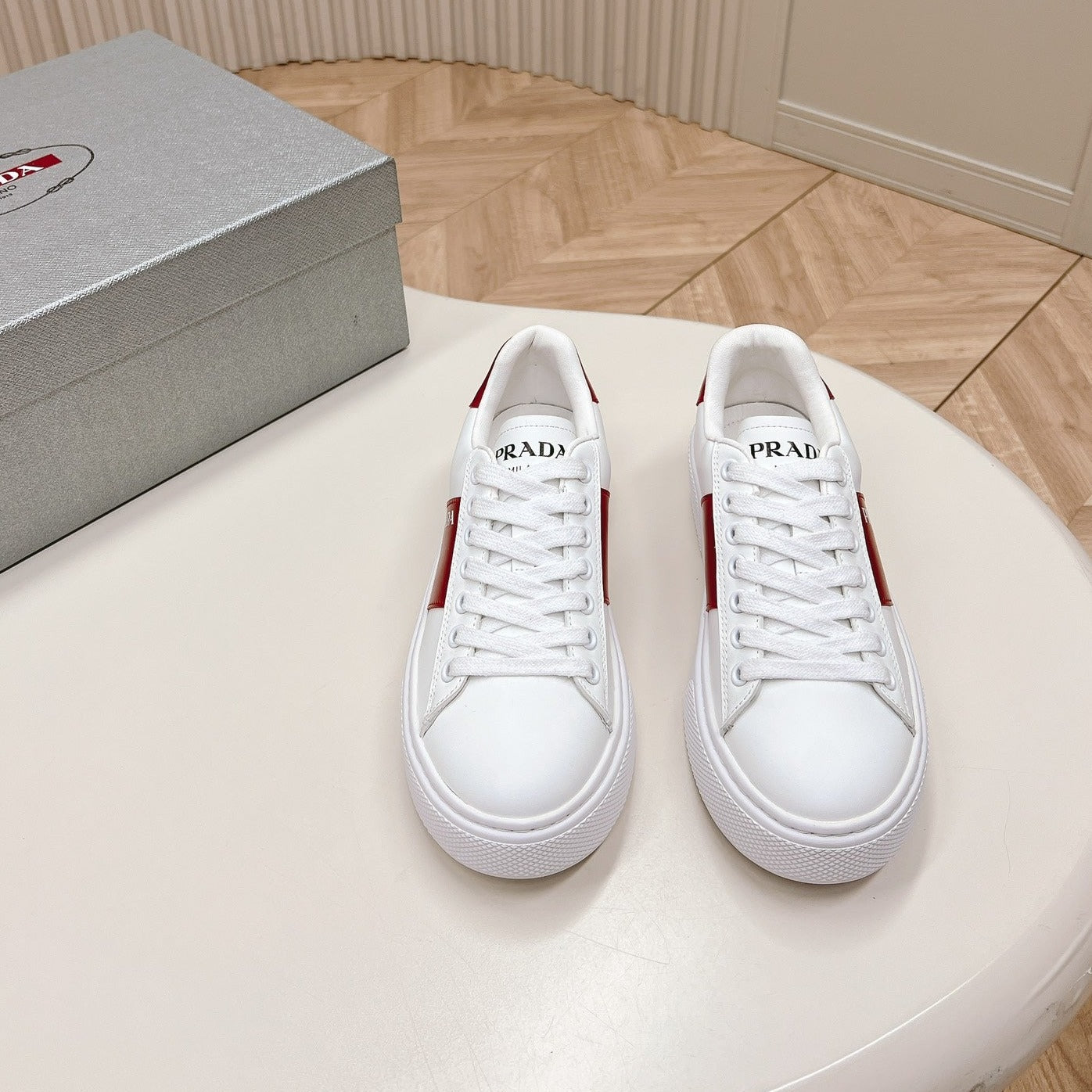 Luxury PradaLEATHER LOGO OUTLET SNEAKERS BLACK AND CHERRY CALFSKIN