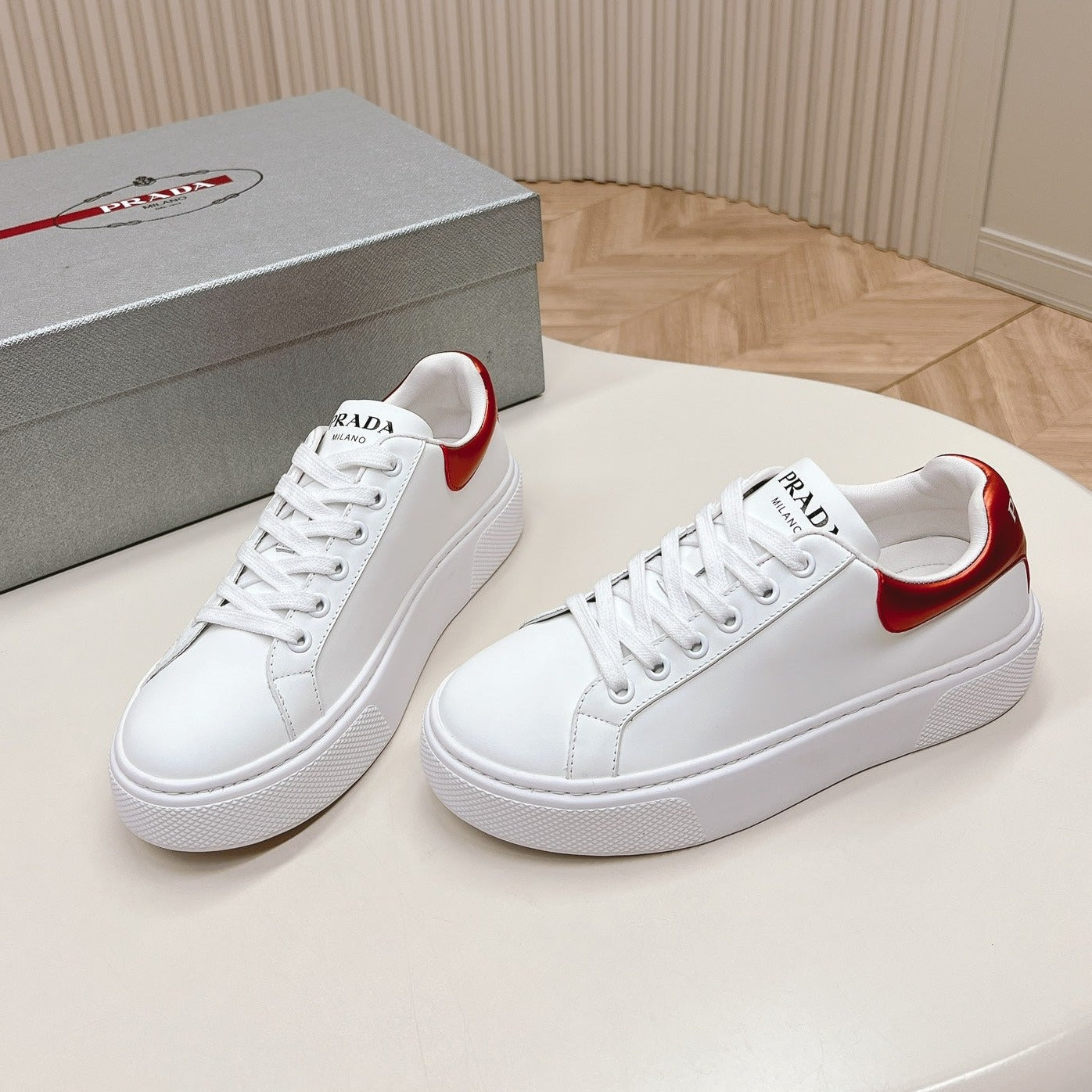 Luxury PradaRETRO SNEAKERS WHITE AND CRIMSON CALFSKIN