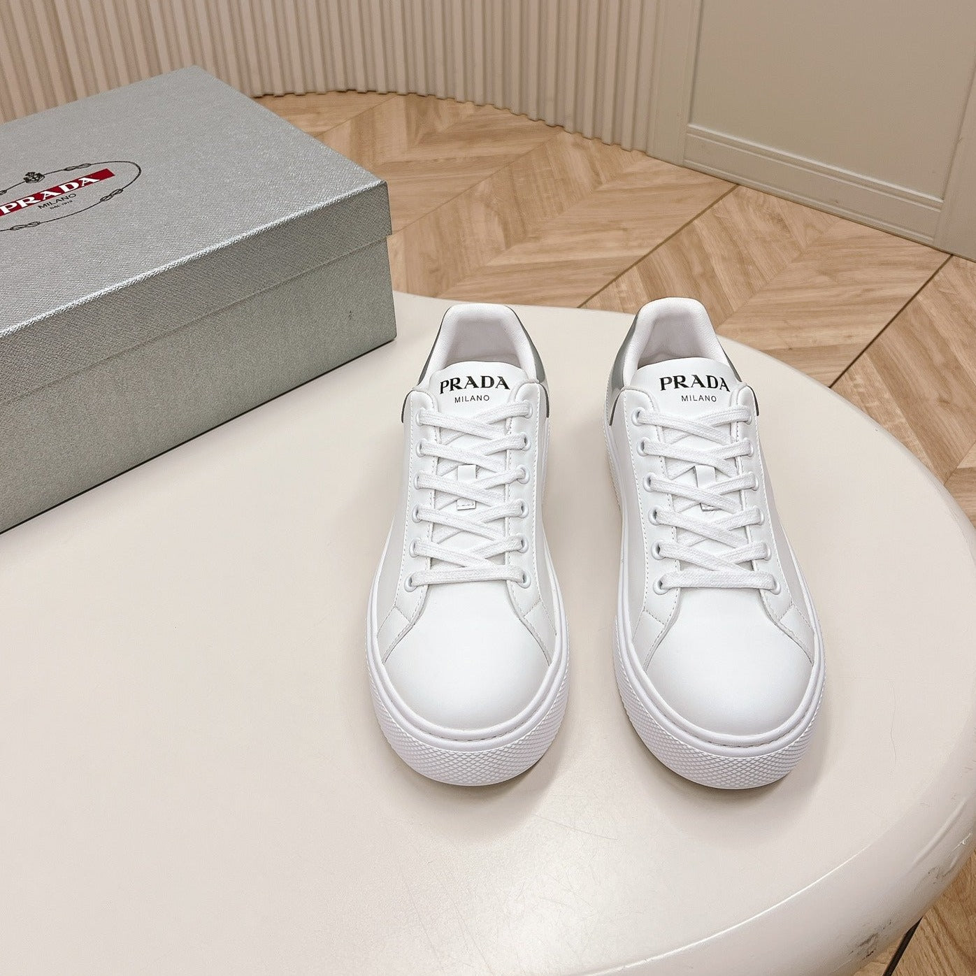 Luxury PradaRETRO SNEAKERS WHITE AND GRAY CALFSKIN