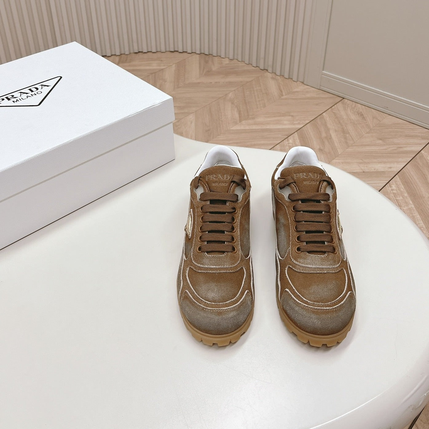 Luxury PradaFADED SUEDE SNEAKERS SEPIA AND WHITE