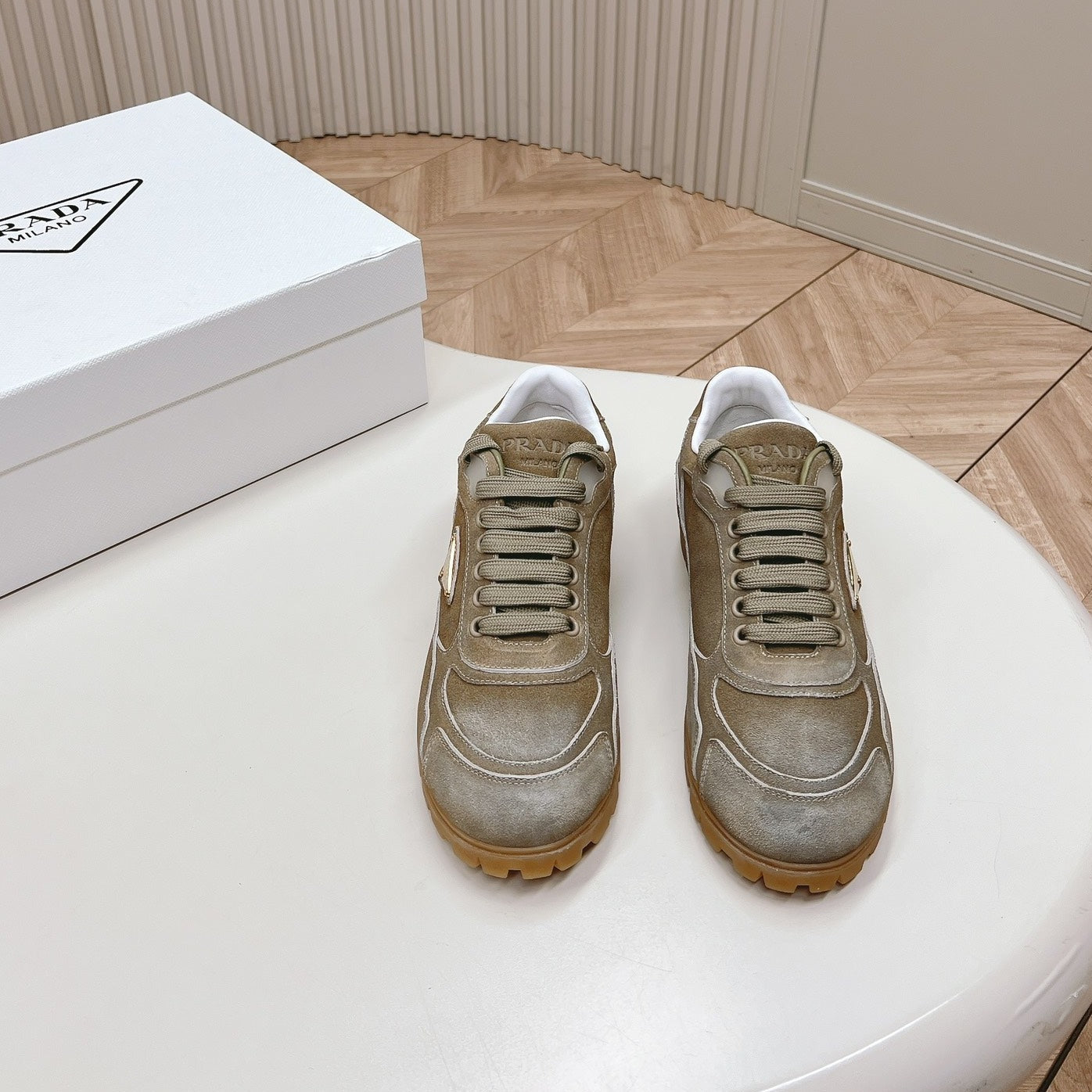 Luxury PradaFADED SUEDE SNEAKERS CARAMEL AND WHITE