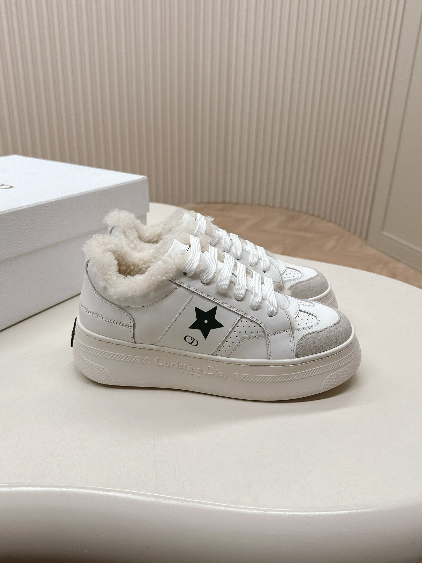 Luxury Dior Luxury DiorStar Platform Sneaker Fleece Lining White Lambskin And Suede
