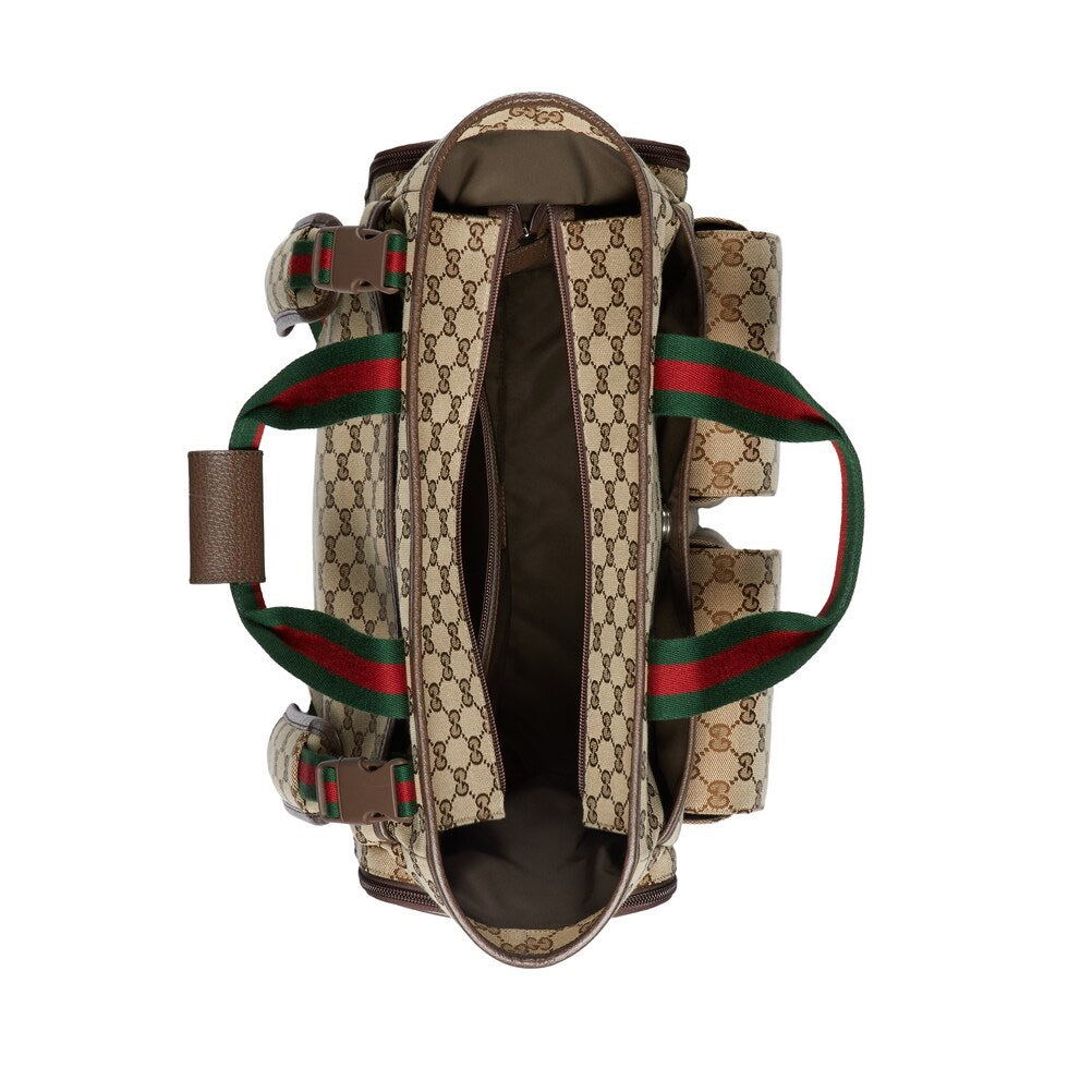 Luxury Gucci DIAPER BAG 40 WITH WEB IN BEIGE AND EBONY CANVAS MIX BROW CALFSKIN