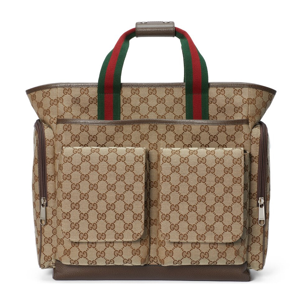 Luxury Gucci DIAPER BAG 40 WITH WEB IN BEIGE AND EBONY CANVAS MIX BROW CALFSKIN