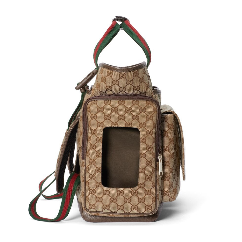 Luxury Gucci DIAPER BAG 40 WITH WEB IN BEIGE AND EBONY CANVAS MIX BROW CALFSKIN