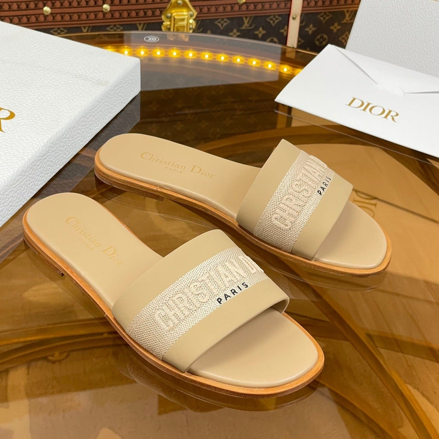 Luxury Diorslide beige calfskin embroidered cotton