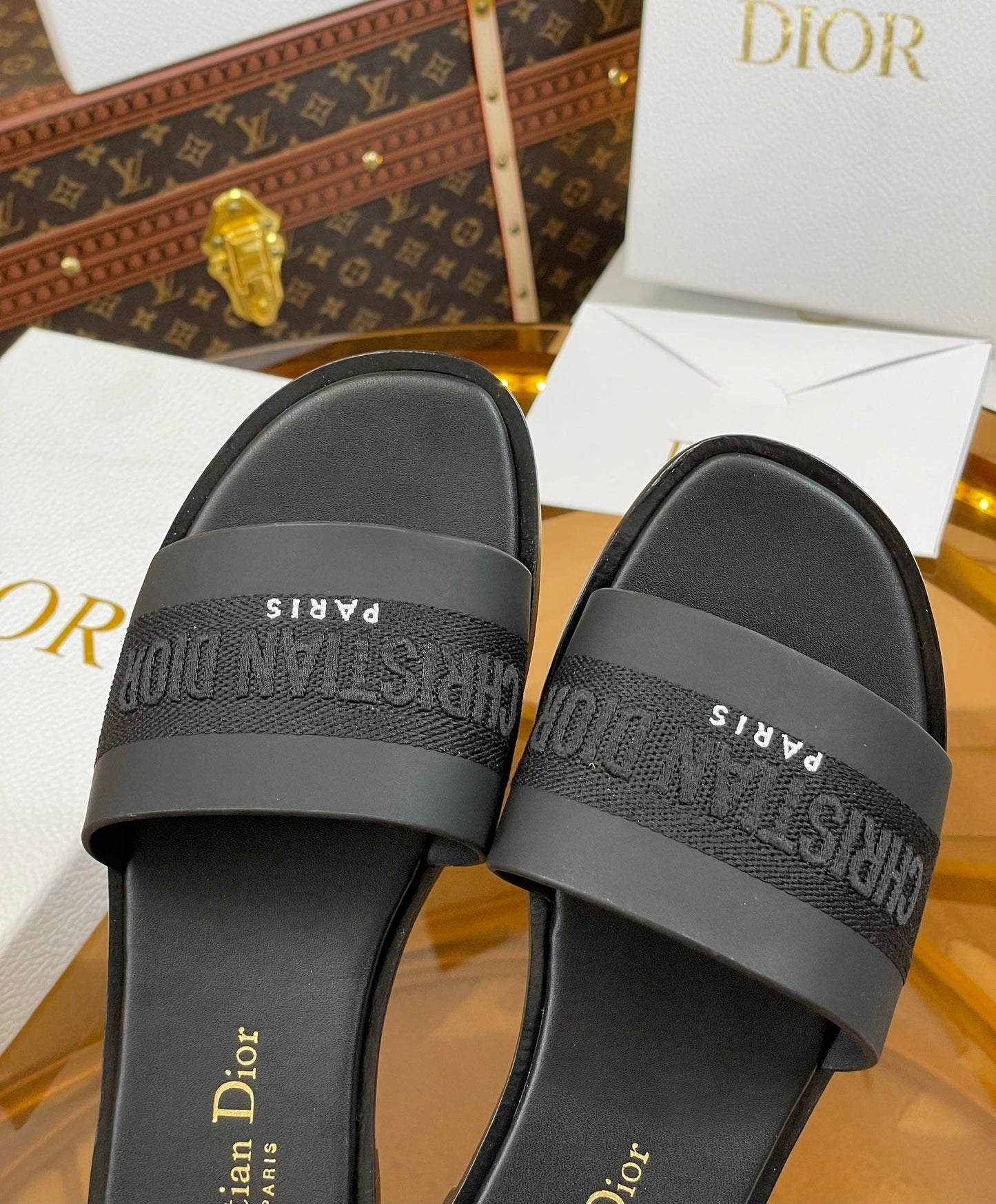 Luxury Diorslide black calfskin embroidered cotton