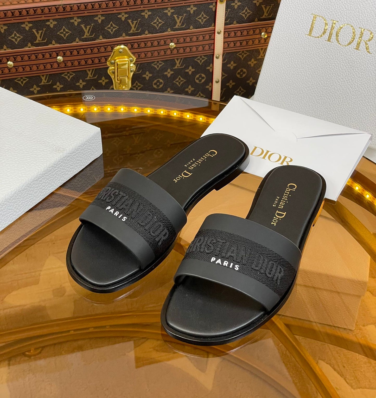 Luxury Diorslide black calfskin embroidered cotton