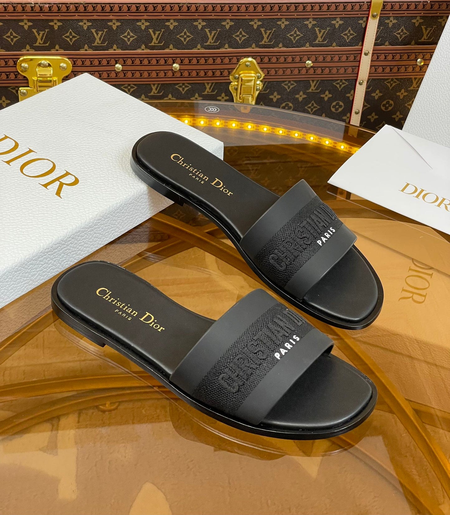 Luxury Diorslide black calfskin embroidered cotton