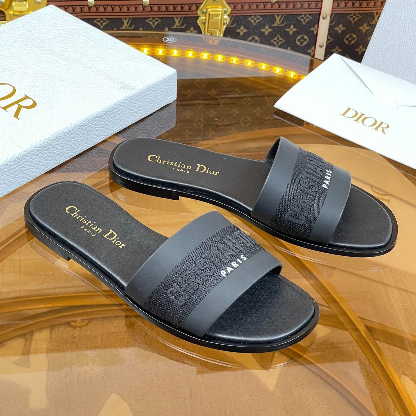 Luxury Diorslide black calfskin embroidered cotton