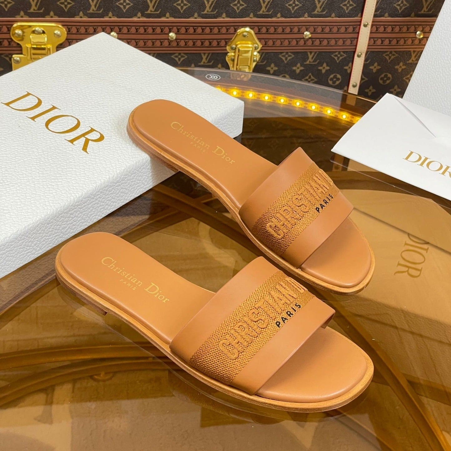 Luxury Diorslide camel calfskin embroidered cotton