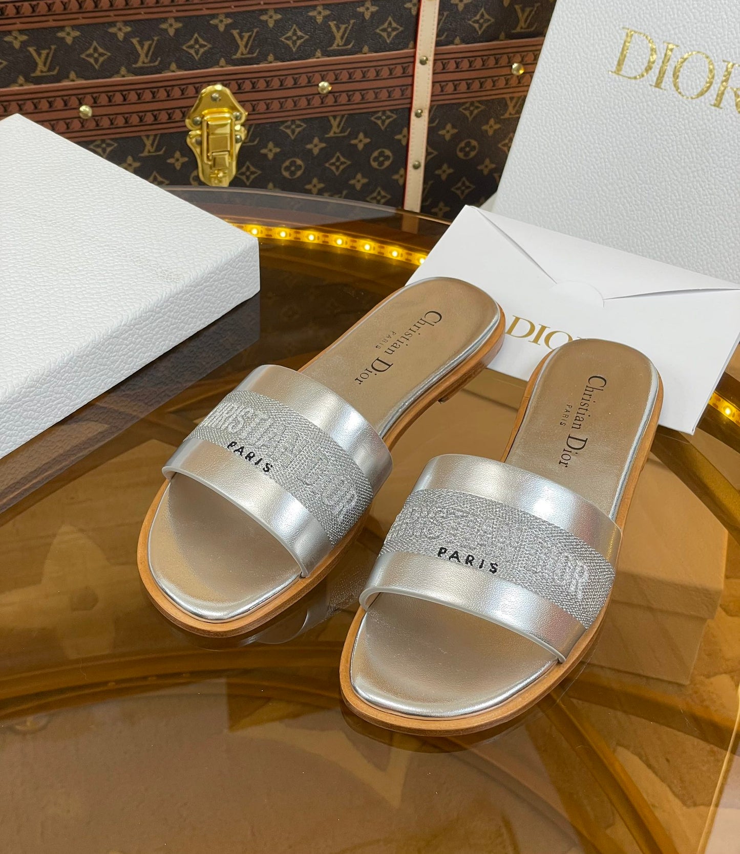 Luxury Diorslide silver metalic calfskin embroidered cotton
