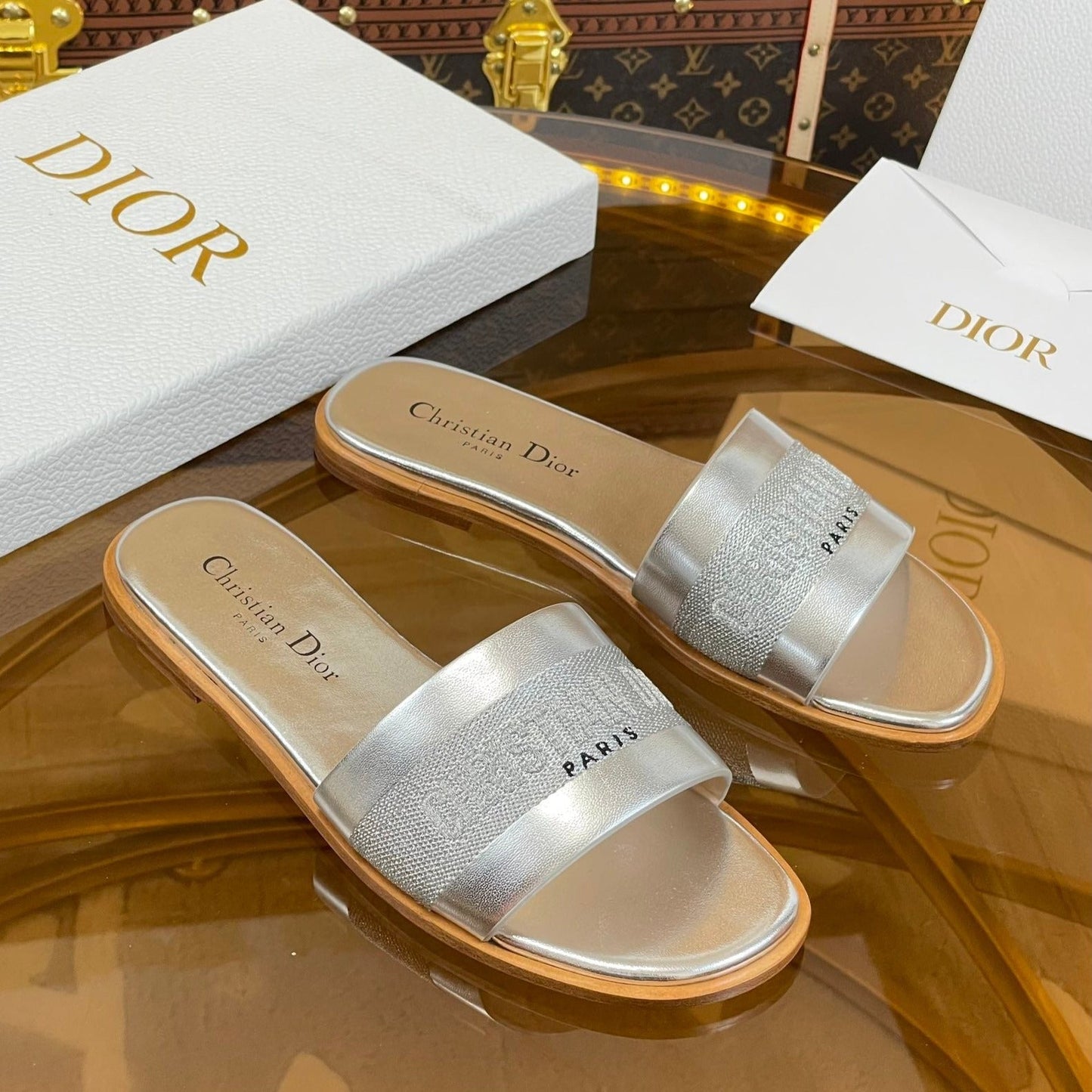 Luxury Diorslide silver metalic calfskin embroidered cotton