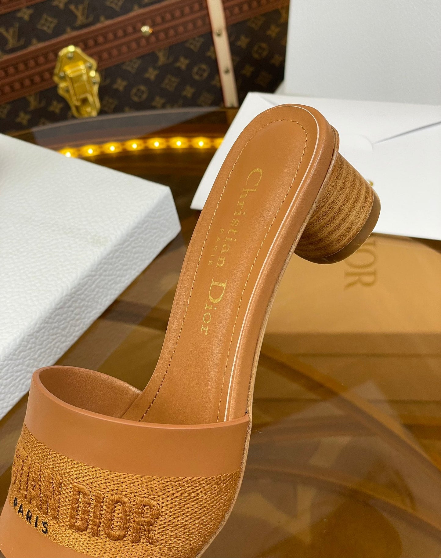Luxury Diorslide 45 camel calfskin embroidered cotton