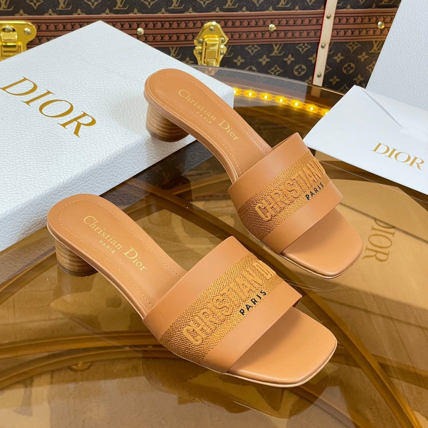 Luxury Diorslide 45 camel calfskin embroidered cotton