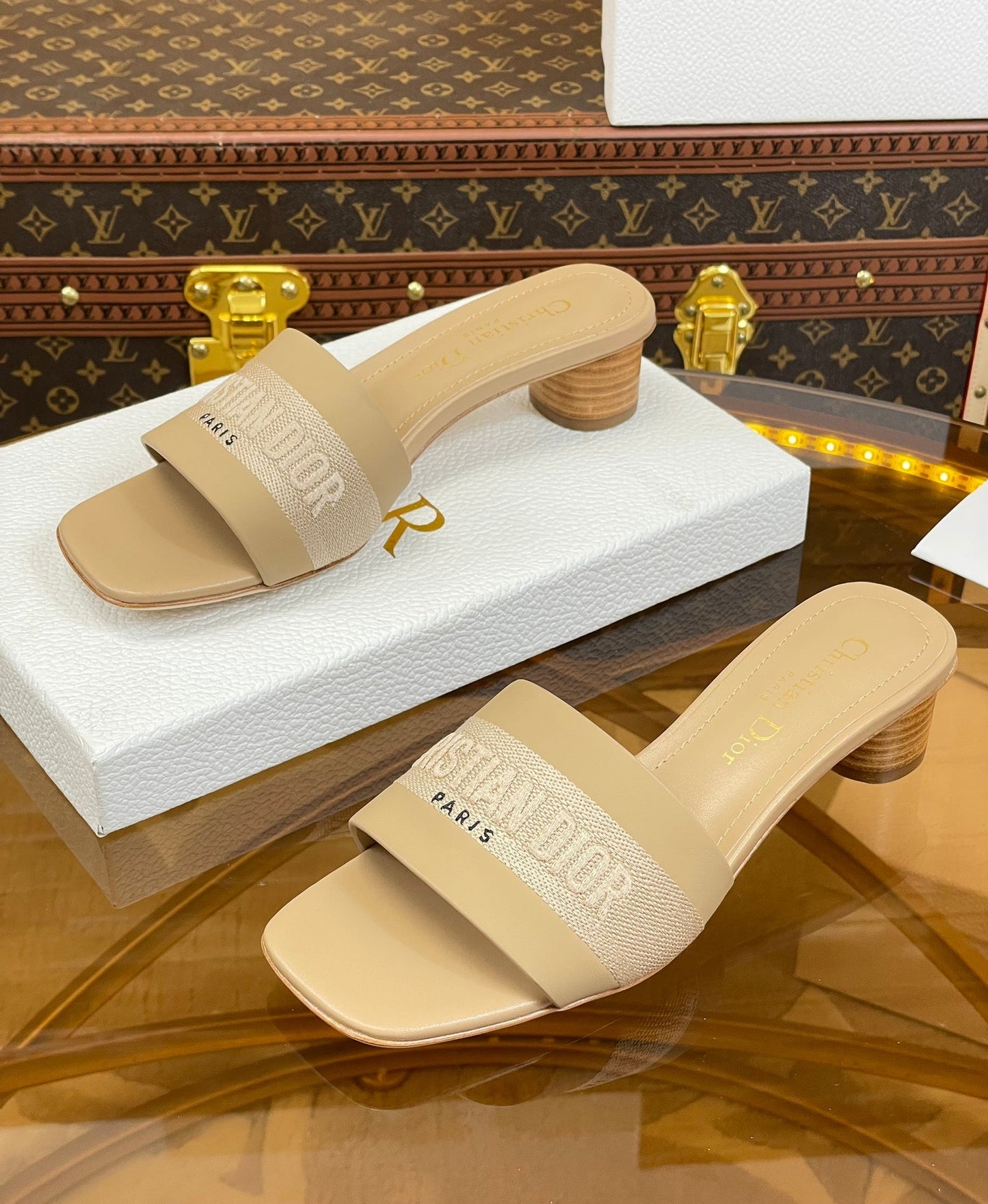 Luxury Diorslide 45 beige calfskin embroidered cotton