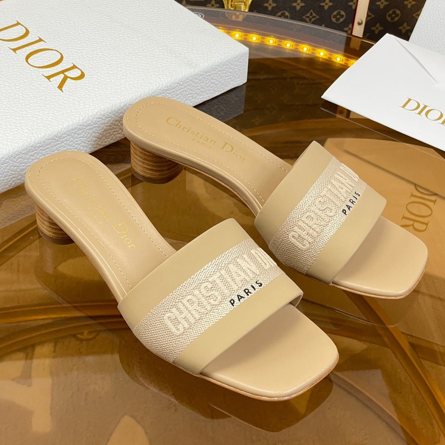 Luxury Diorslide 45 beige calfskin embroidered cotton