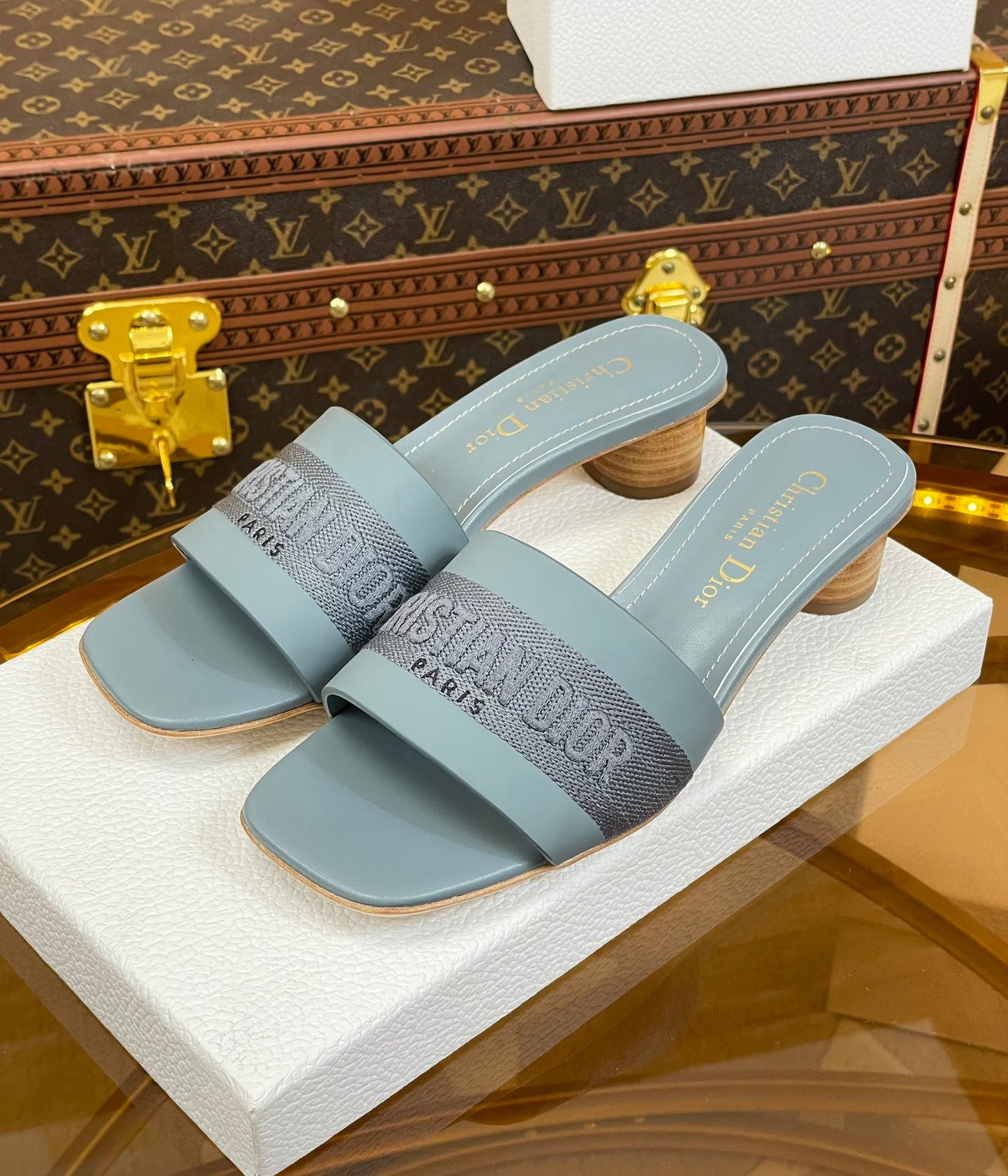 Luxury Diorslide 45 patel blue calfskin embroidered cotton