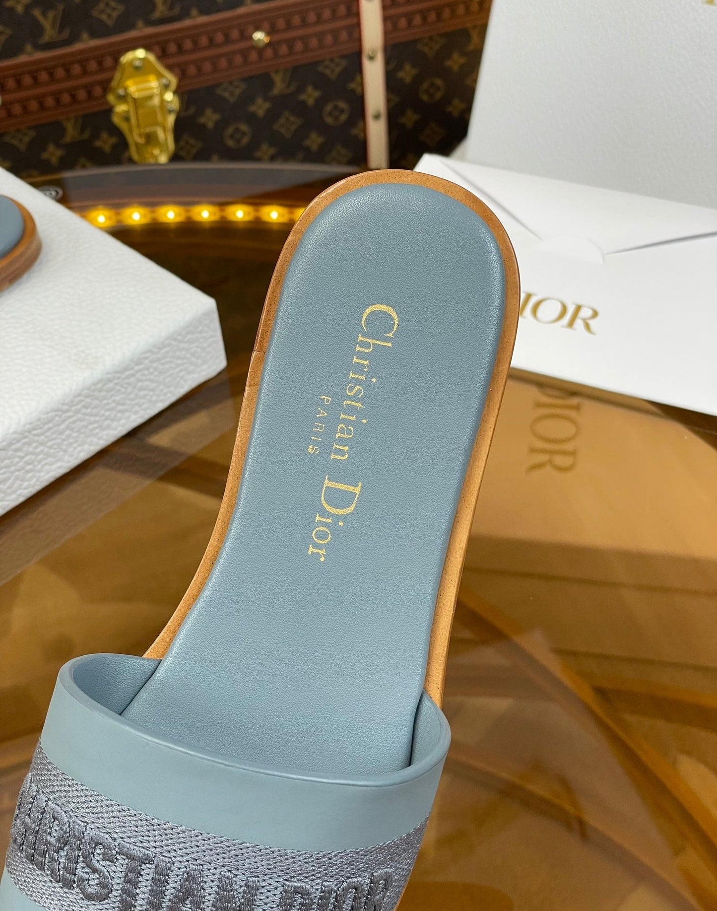 Luxury Diorslide pastel blue calfskin embroidered cotton