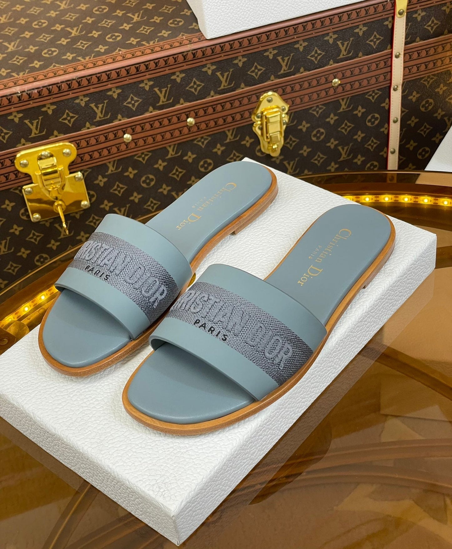 Luxury Diorslide pastel blue calfskin embroidered cotton