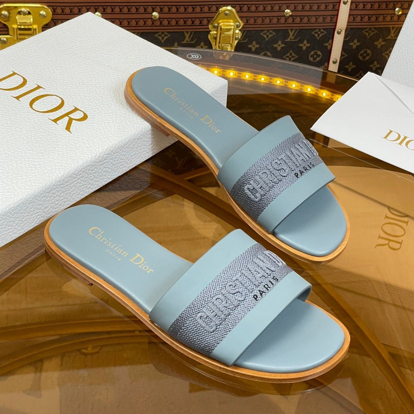 Luxury Diorslide pastel blue calfskin embroidered cotton