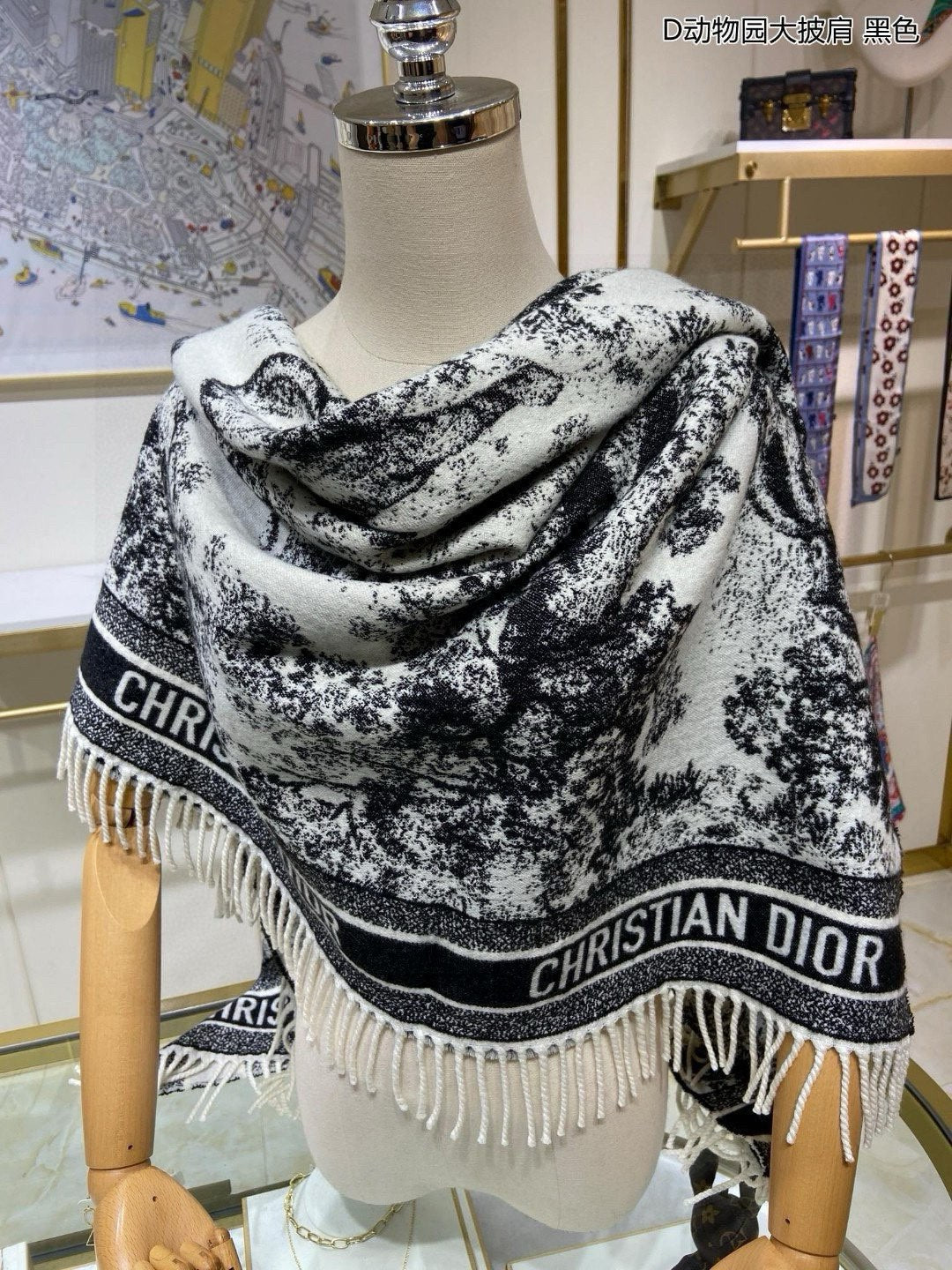 Luxury DiorSQUARE SCARF 140 CM IN BLACK MIX WHITE MONOGRAM CASHMERE AND WOOL 416918