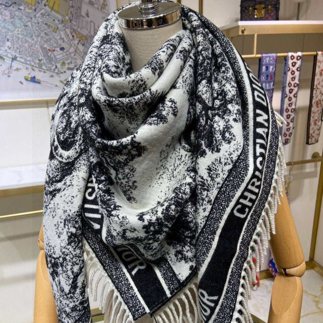 Luxury DiorSQUARE SCARF 140 CM IN BLACK MIX WHITE MONOGRAM CASHMERE AND WOOL 416918