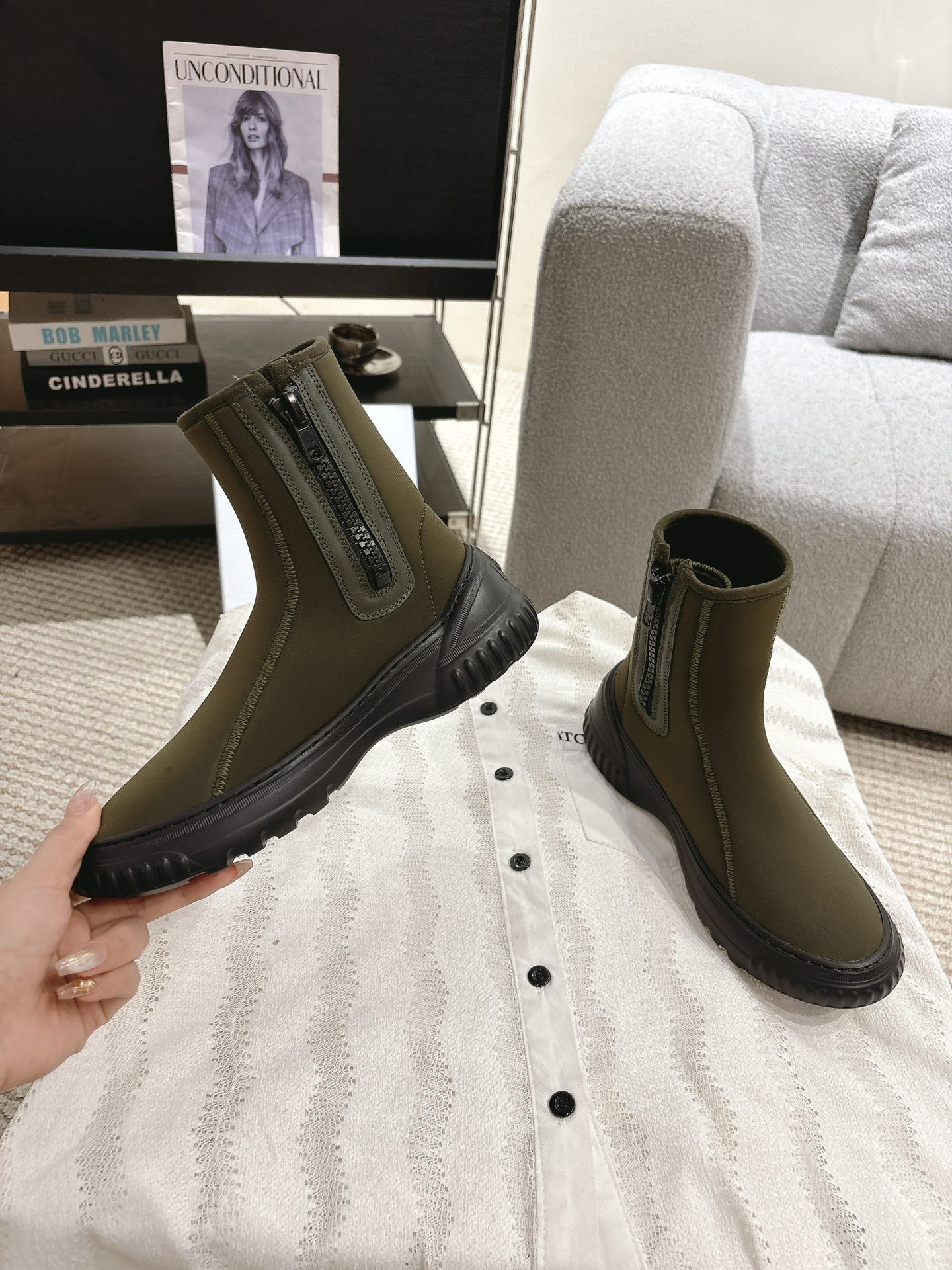 Luxury DiorAnkle Boots Brown Moss Green Elastic Fabric