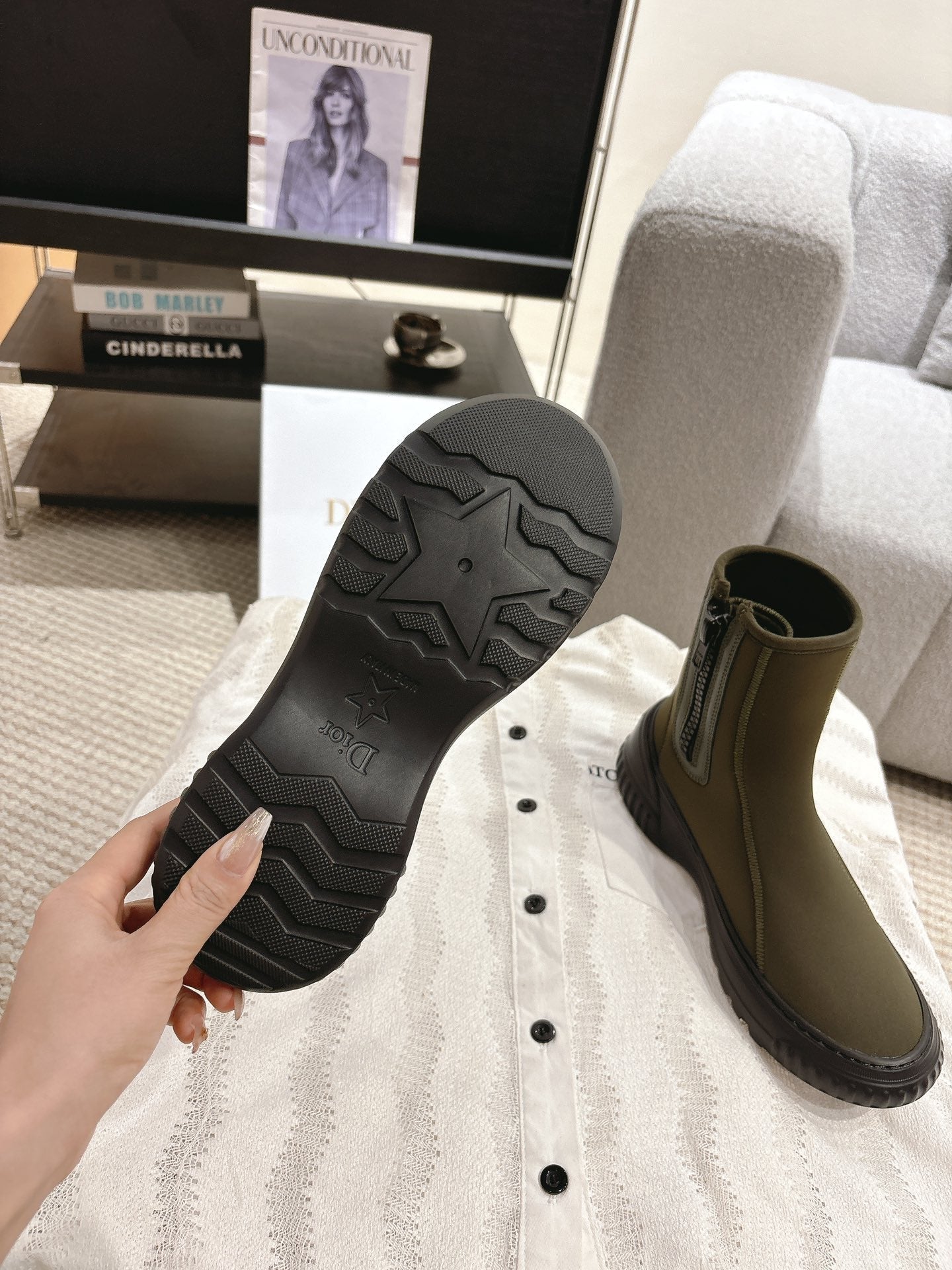 Luxury DiorAnkle Boots Brown Moss Green Elastic Fabric