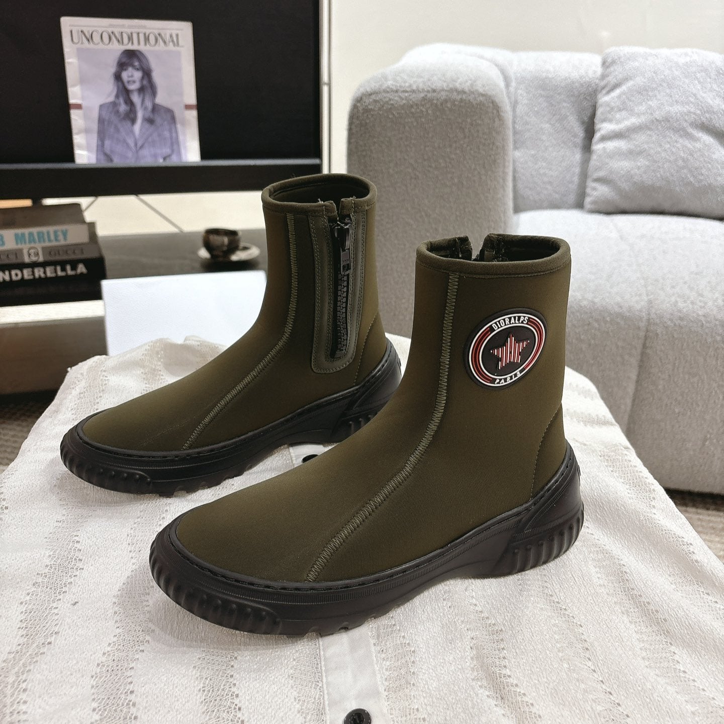 Luxury DiorAnkle Boots Brown Moss Green Elastic Fabric