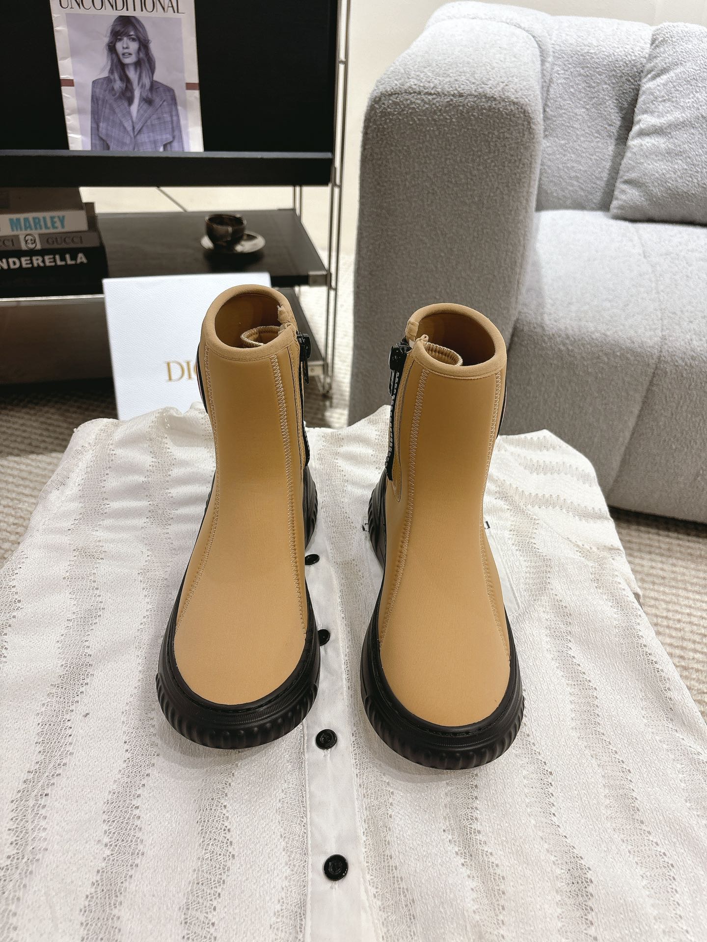 Luxury DiorAnkle Boots Yellow Beige Elastic Fabric