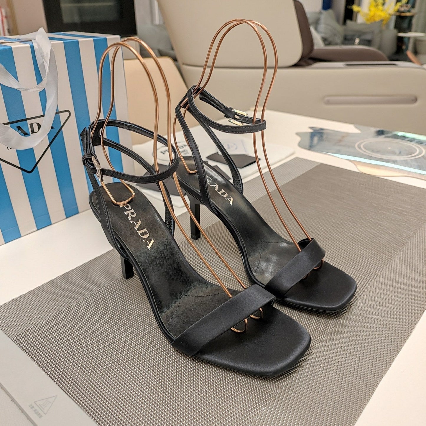 Luxury PradaHIGH-HEELED SANDALS BLACK SATIN