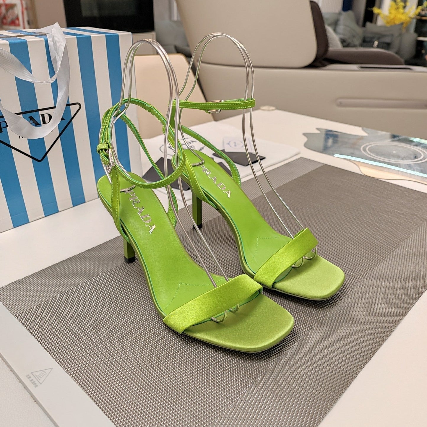 Luxury PradaHIGH-HEELED SANDALS PEAR SATIN