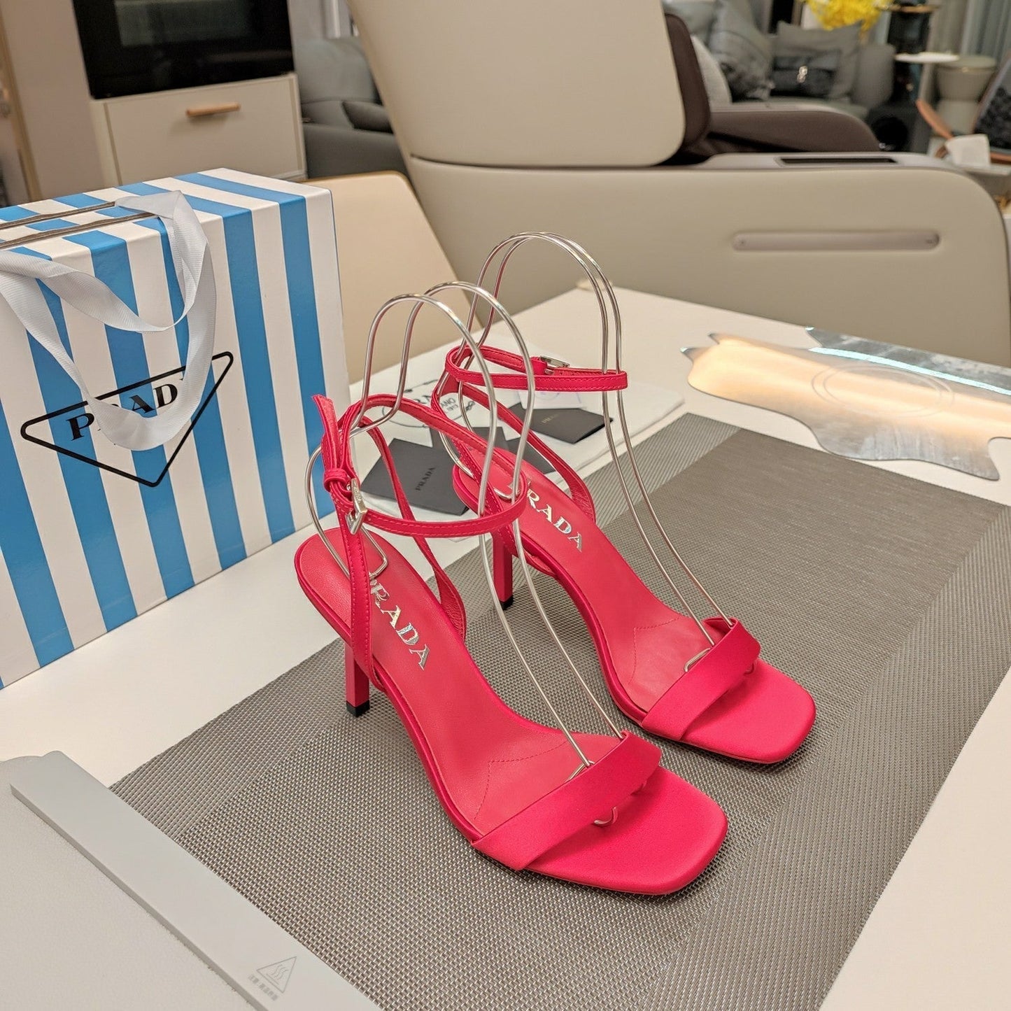 Luxury PradaHIGH-HEELED SANDALS RED SATIN
