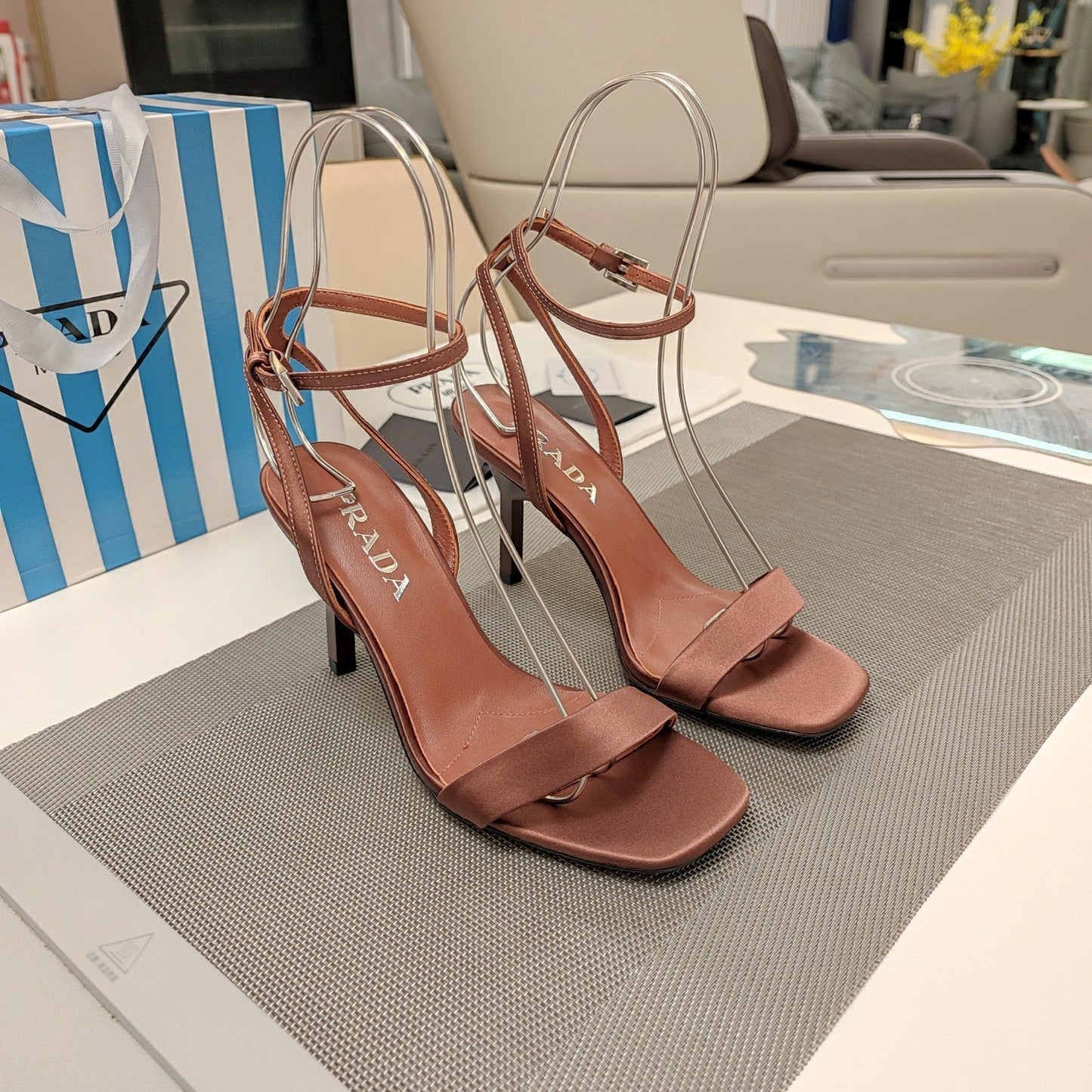 Luxury PradaHIGH-HEELED SANDALS CARAMEL SATIN