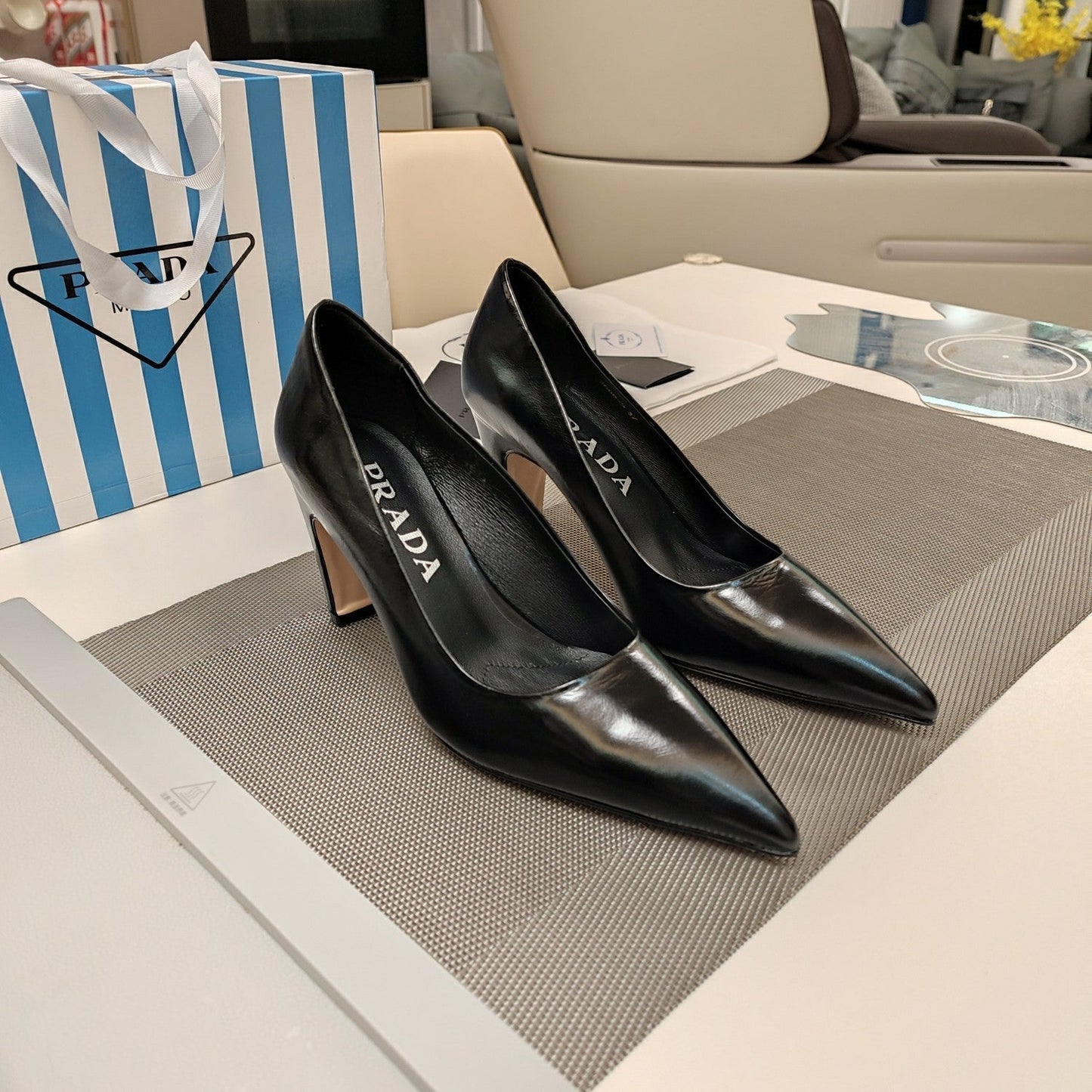 Luxury PradaBASIC HIGH HEELS BLACK WAXED OIL LEATHER