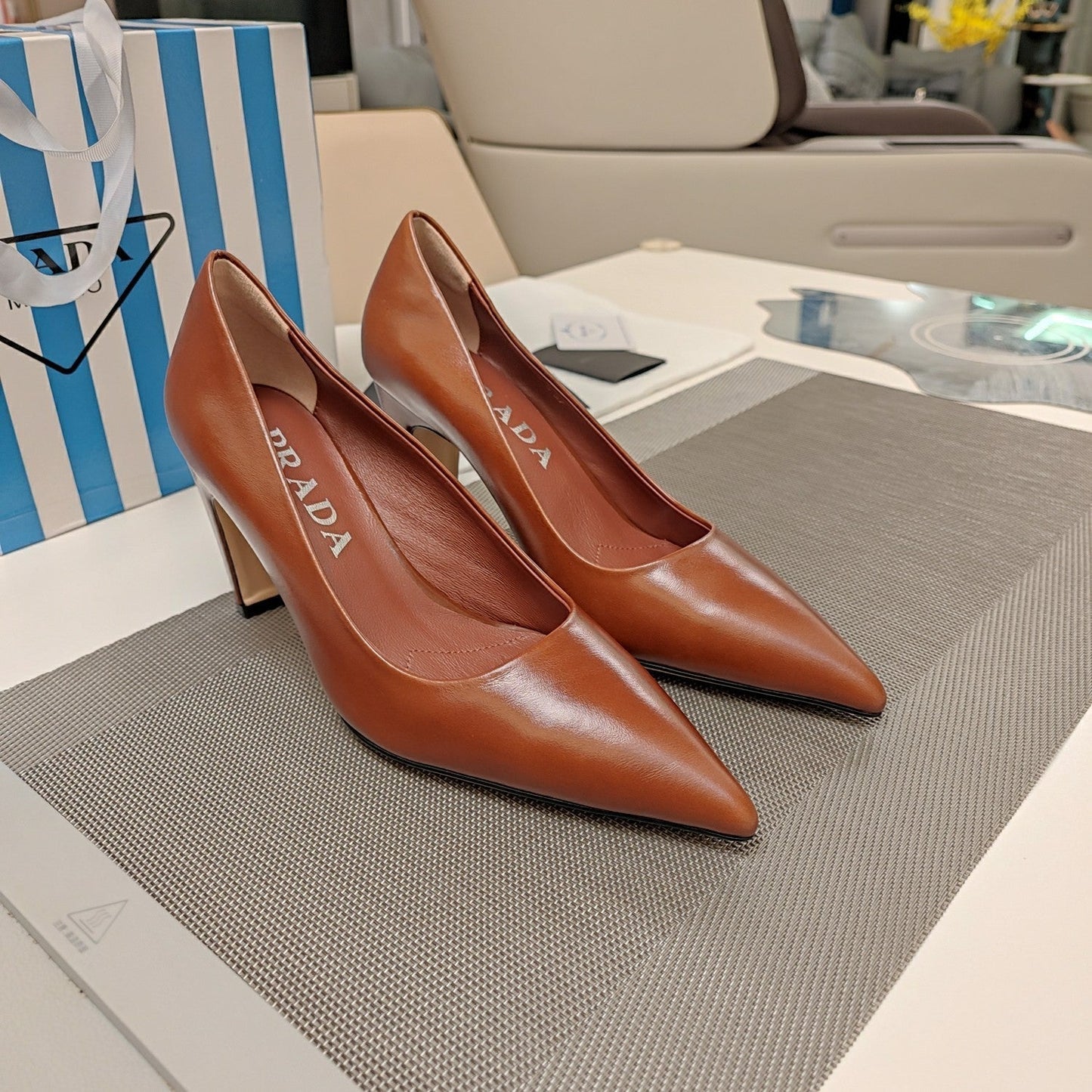 Luxury PradaBASIC HIGH HEELS CARAMEL WAXED OIL LEATHER