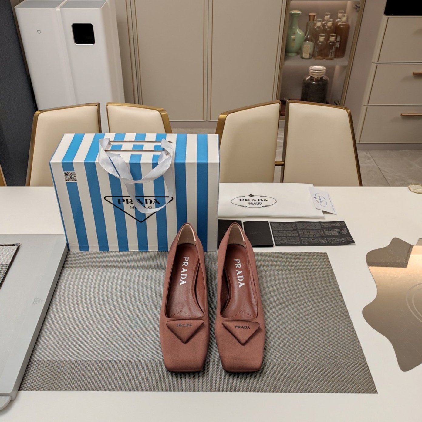 Luxury PradaTRIANGLE LOGO PUMPS IN CHESTNUT BROWN SATIN