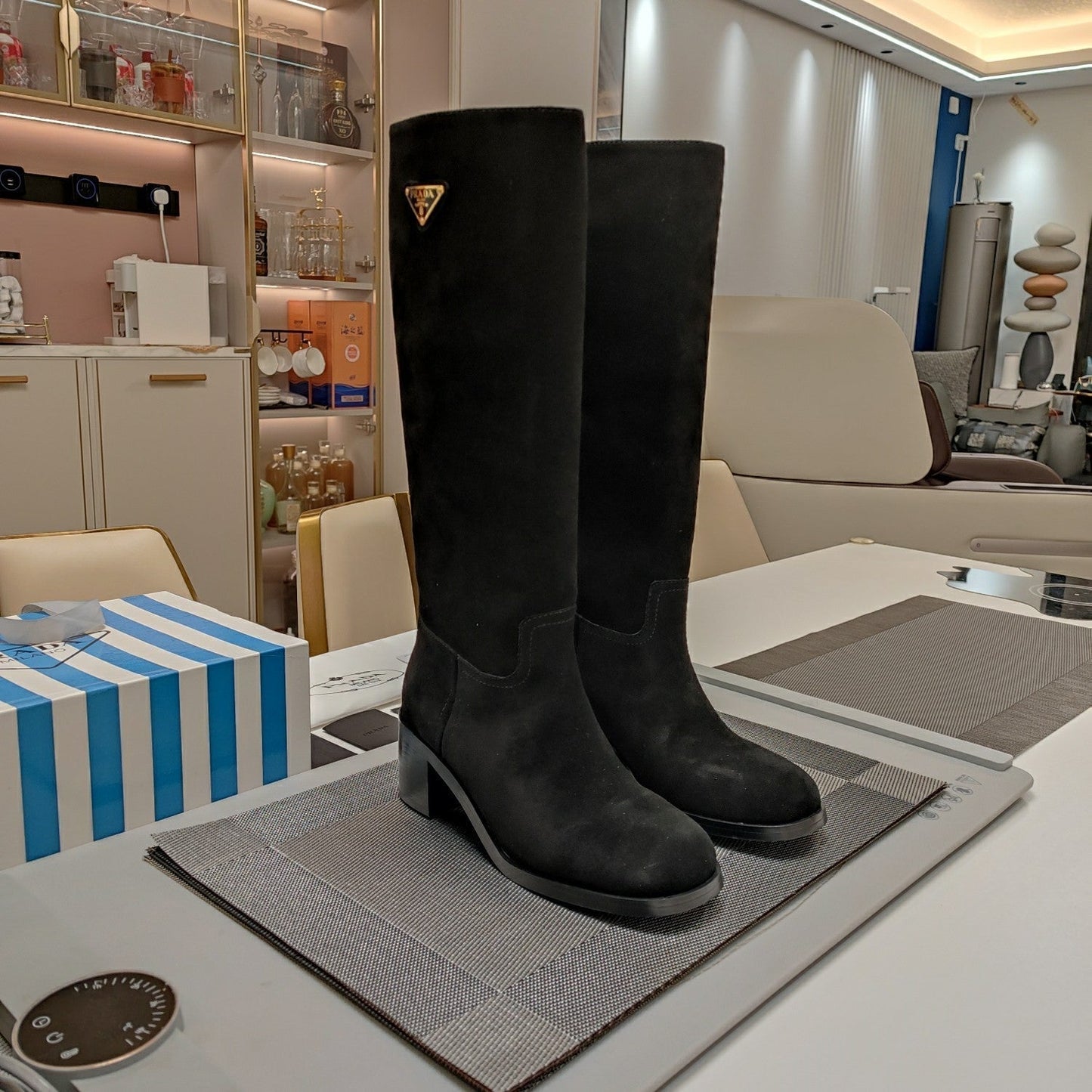Luxury PradaKNEE BOOTS WITH TRIANGLE LOGO IN BLACK SUEDE