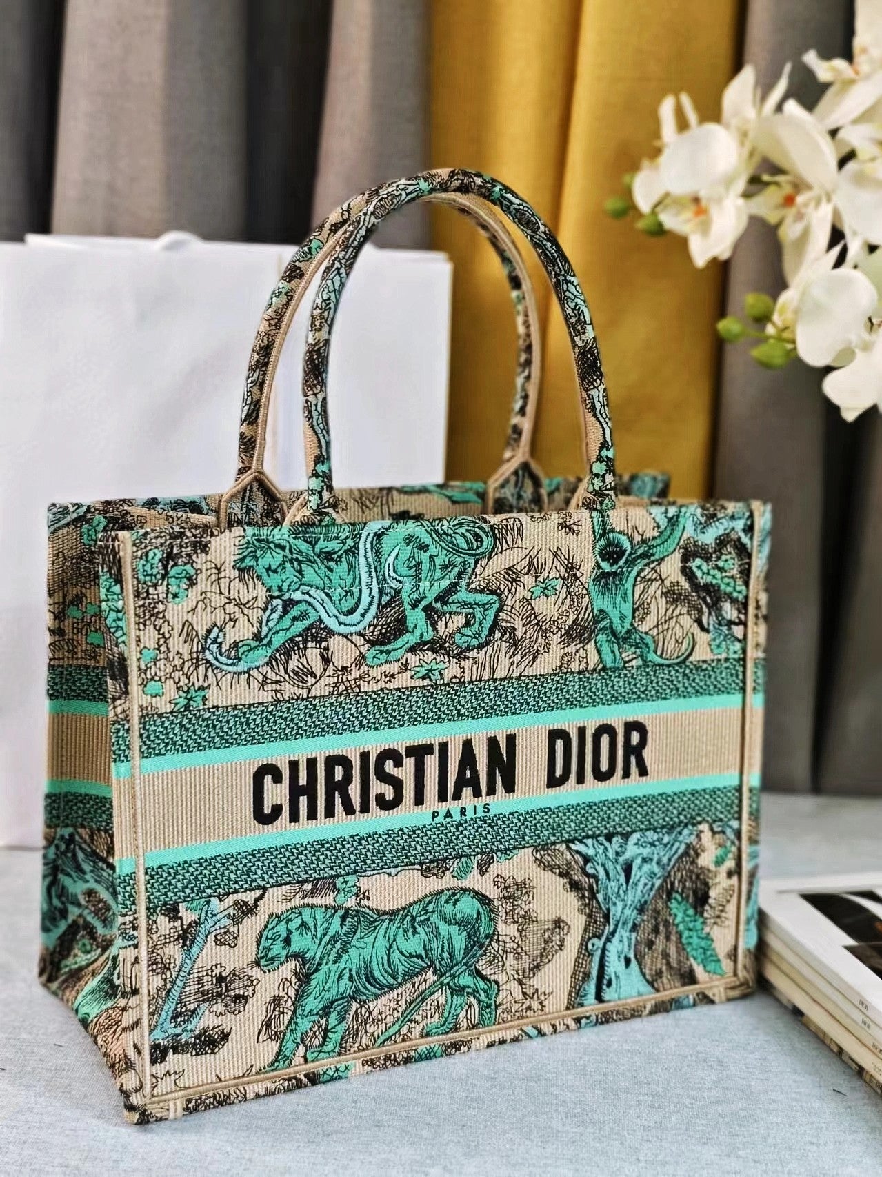 Luxury Diormedium  DIORiviera book tote 36 tiffany blue tiger embroidery canvas