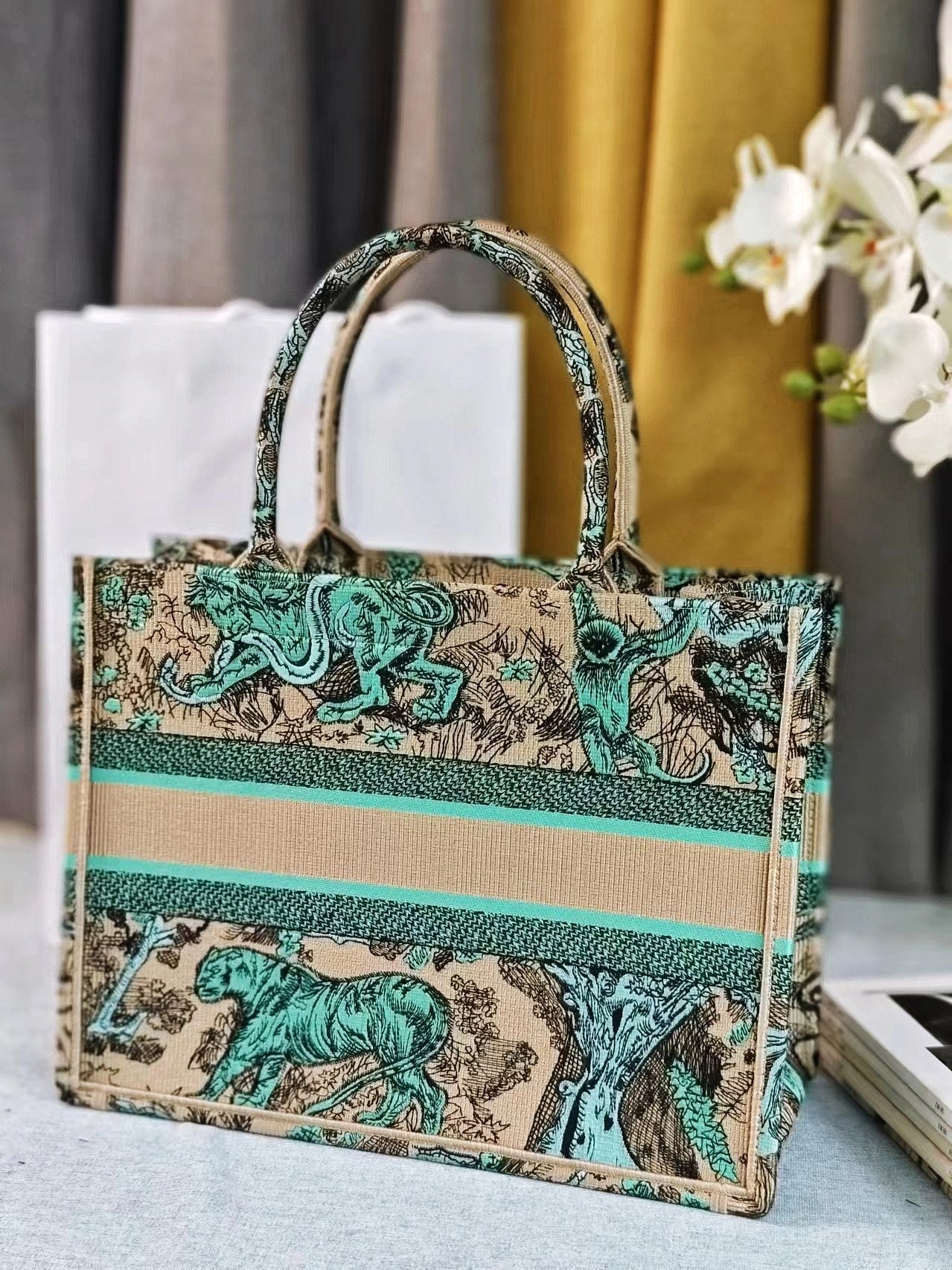 Luxury Diormedium  DIORiviera book tote 36 tiffany blue tiger embroidery canvas