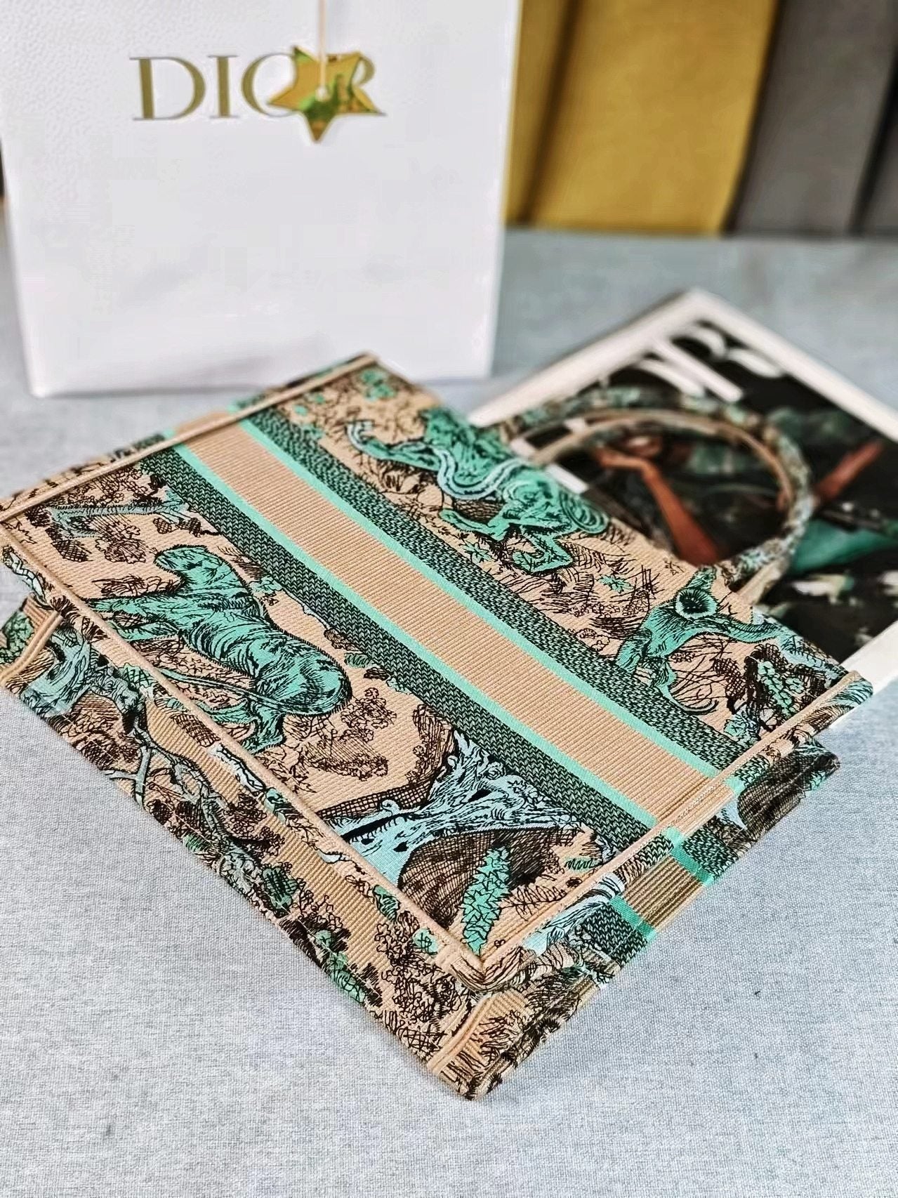 Luxury Diormedium  DIORiviera book tote 36 tiffany blue tiger embroidery canvas