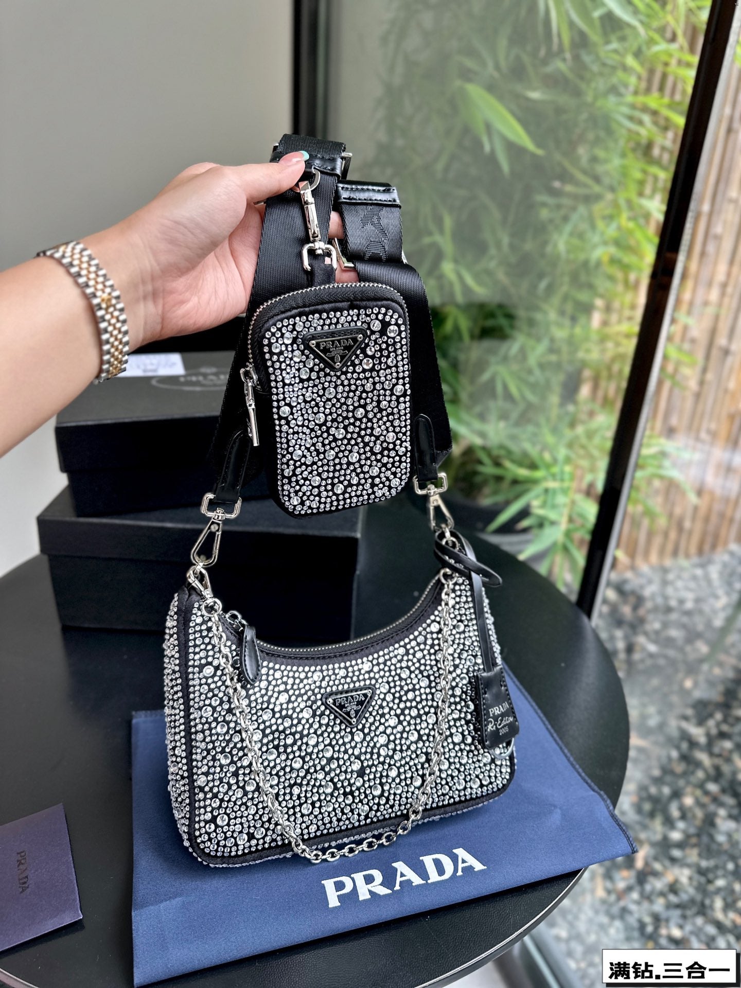 Luxury Prada22 SATIN MINI-BAG WITH FULLY RHINSTONES