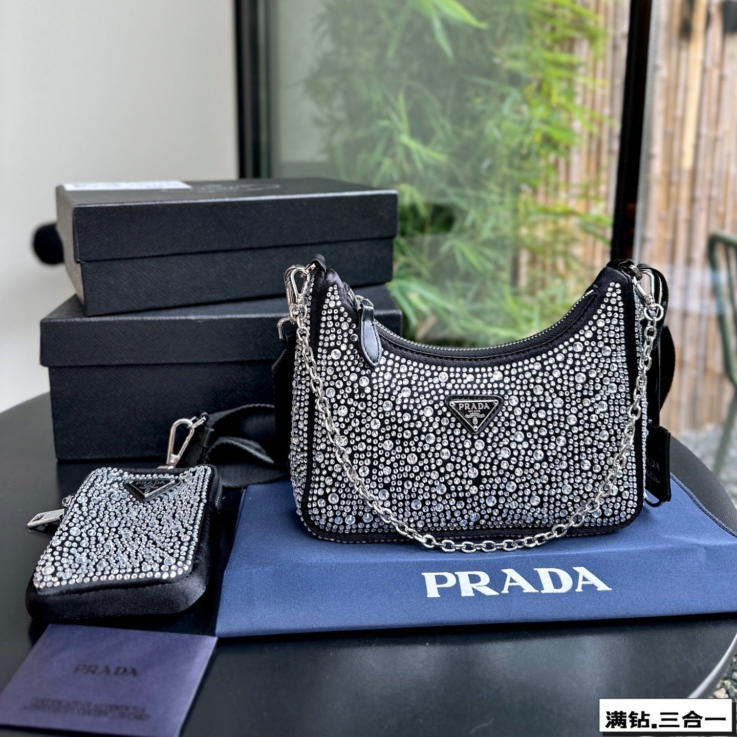 Luxury Prada22 SATIN MINI-BAG WITH FULLY RHINSTONES