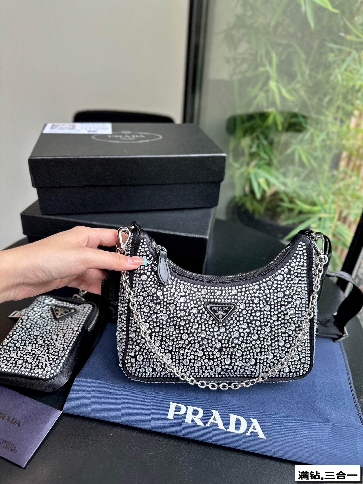 Luxury Prada22 SATIN MINI-BAG WITH FULLY RHINSTONES