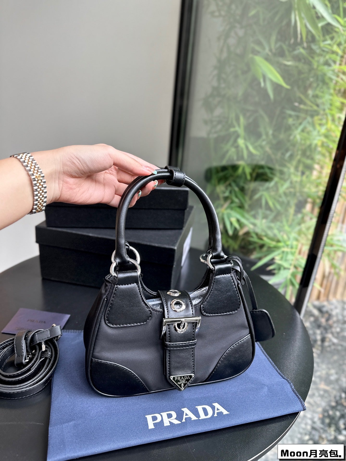 Luxury Prada22 MOON PADDED BAG IN BLACK CALFSKIN WITH STRAP